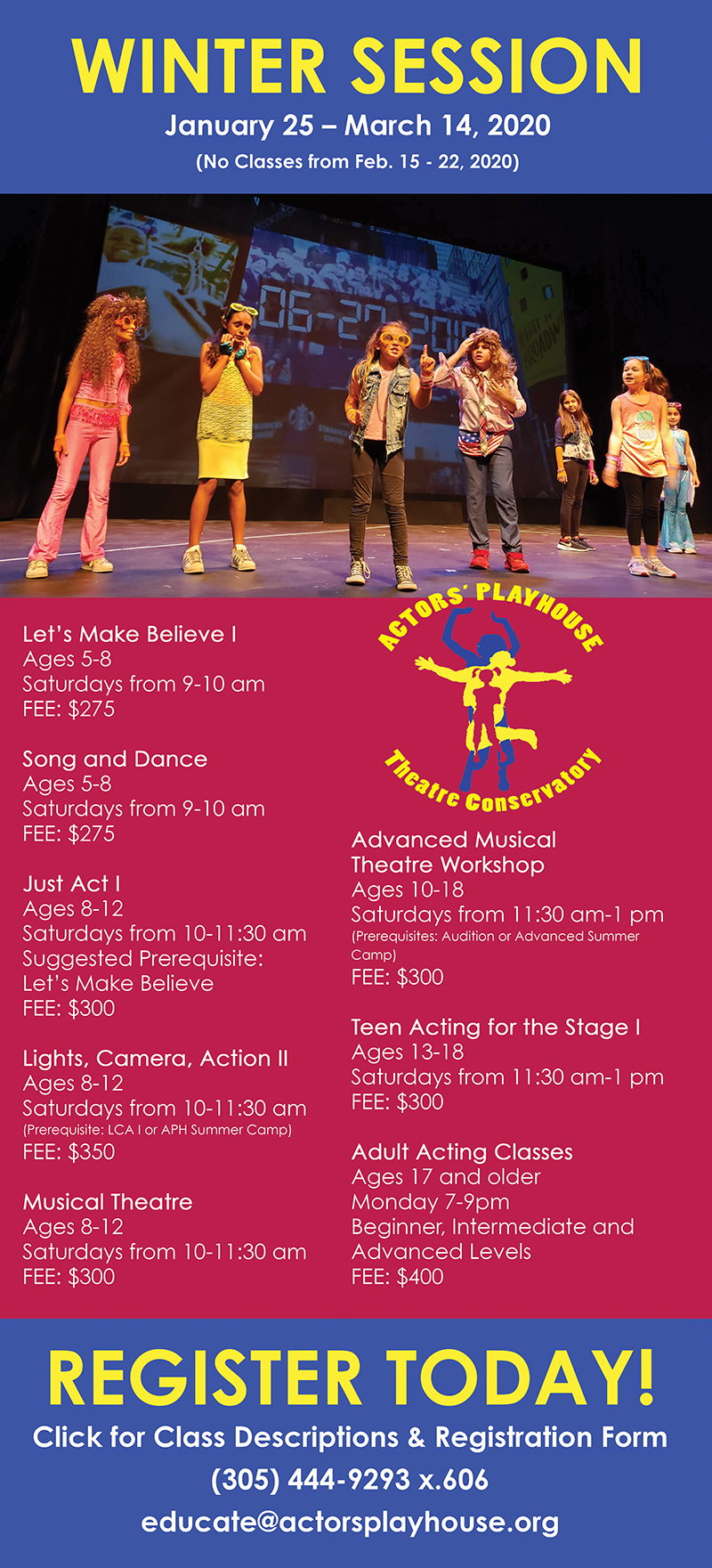 Winter Session Classes at Actors' Playhouse at the Miracle Theatre January 25th to March 14, 2020